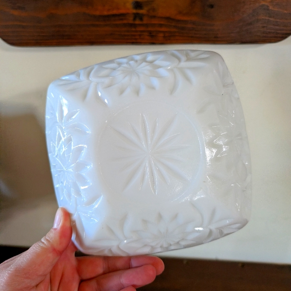 Vintage Hazel Atlas Square Milk Glass Candy Trinket Dish Prescut Bowl American